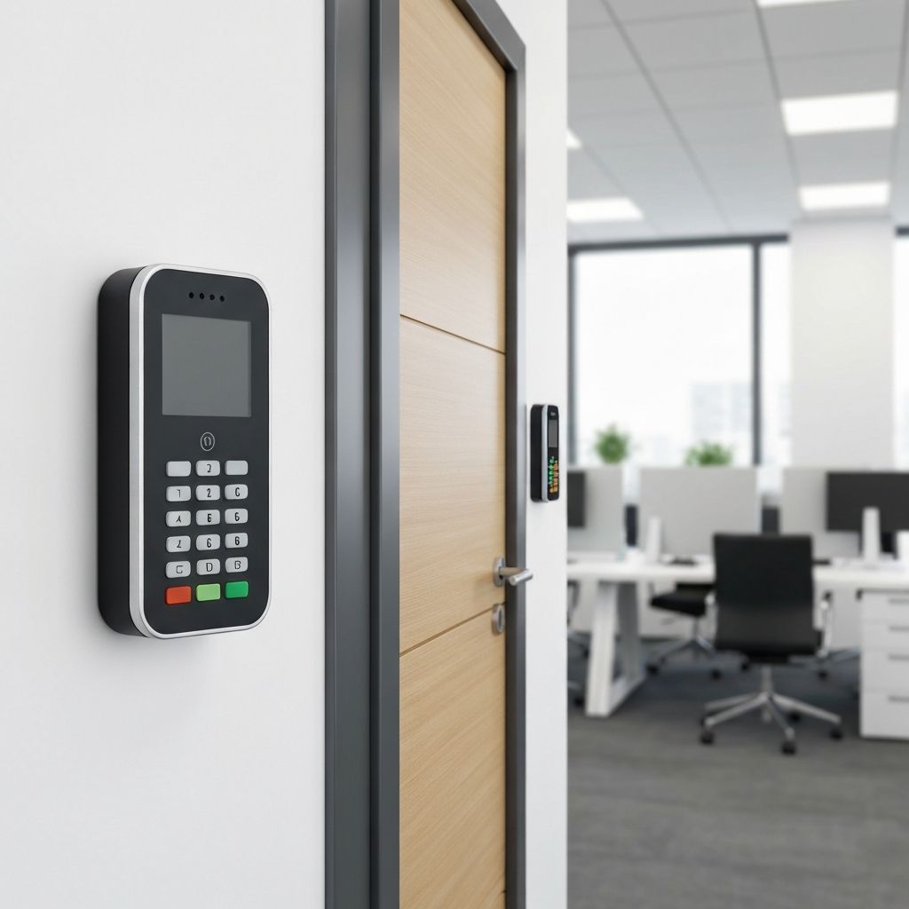 Modern keycard access control system on office door